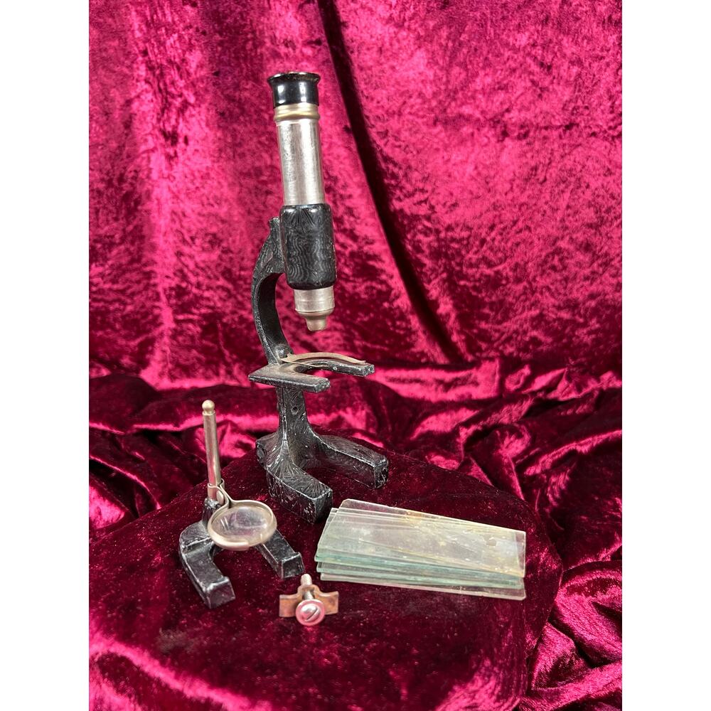 Vintage Curiosities - Antique Miniature Cast Iron Science Microscope with Slides
